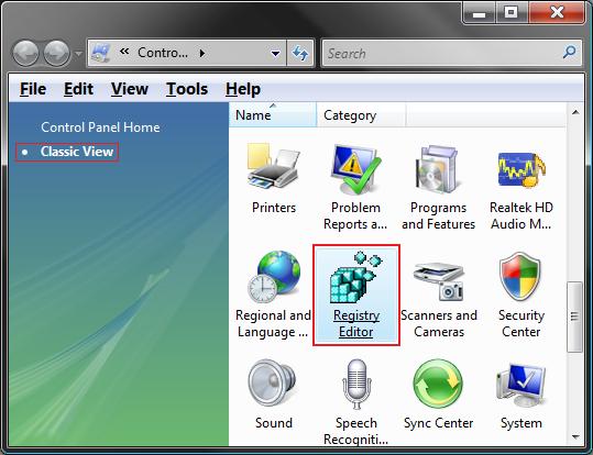 Control Panel - Add Registry Editor
