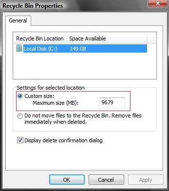 Recycle Bin storage size