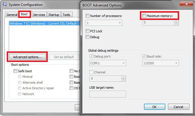 boot advanced options maximum memory