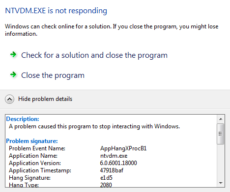 ntvdm.exe has stopped working windows vista