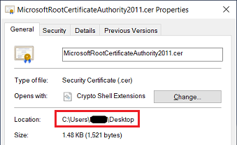 MicrosoftRootCertificateAuthority2011_cer Properties Location 01 Jul 2020.png
