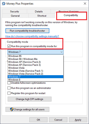 Microsoft Money Plus Shortcut Compatibility Mode Win 7 12 Sep 2023.png